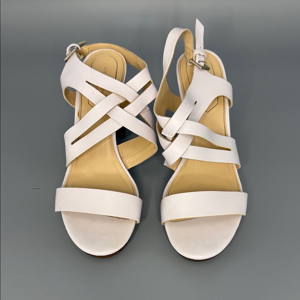 Liz Claiborne White Leather Strappy Sandals 9W Wide‎ Width Chunky Block Heel